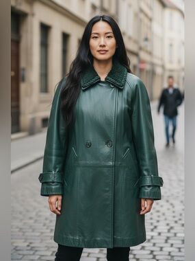 Nina Ricci dark green lambskin leather midi coat